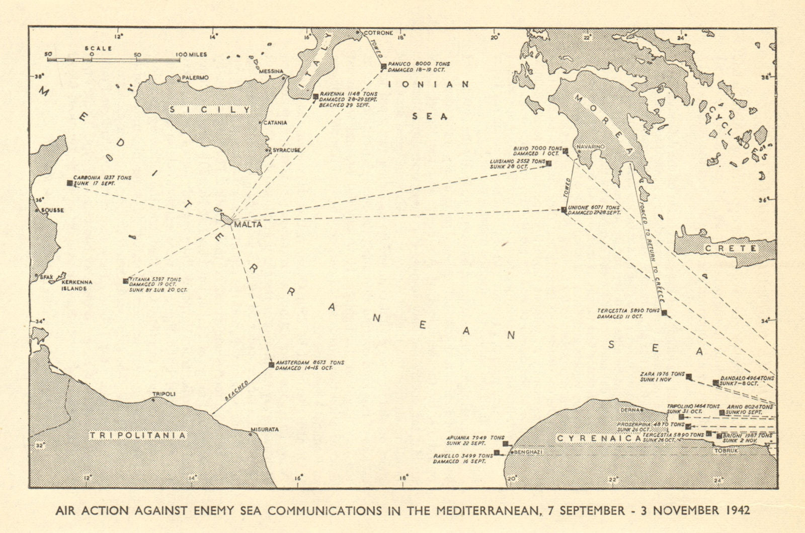 Air attacks against Axis Mediterranean shipping Sept-Nov 1942. WW2 1954 map